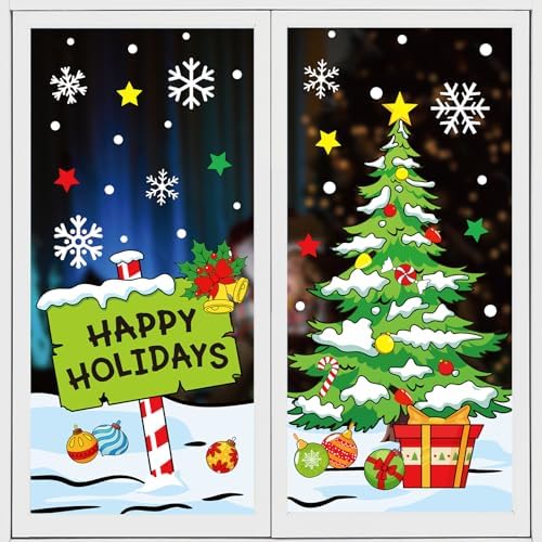 Whaline 6 Sheets Christmas Window Clings Xmas Tree Signpost Snowflake Window Decal Reusable Anti-Collision Windows Decor for Winter Home School Office Holidays Party Supplies