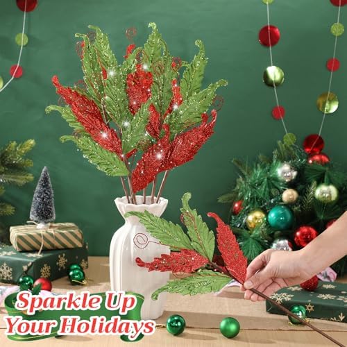 HyDren 10 Pcs Christmas Glitter Leaves Ornaments, Red and Green