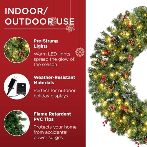 Best Choice Products 36in Pre-Lit Christmas Wreath w/Berries & Pinecones, Large Artificial Indoor/Outdoor Decor for Door, Mantel, Plug-in
