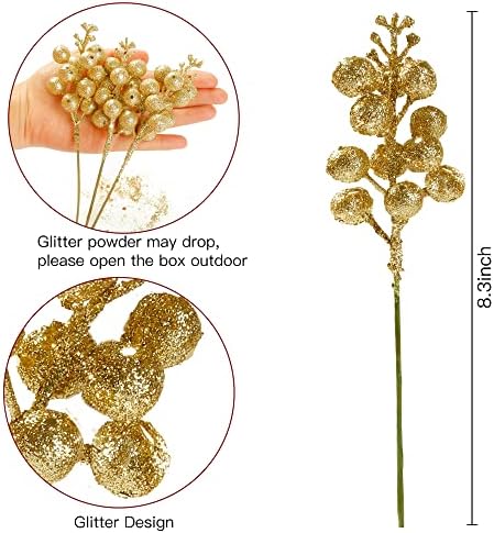 Sggvecsy 30Pcs Christmas Glitter Berries Stems Artificial Red Berry Branches Holly Picks Stems Christmas Tree Ornaments for DIY Xmas Wreath Crafts Gifts Holiday Home Decor (Gold)