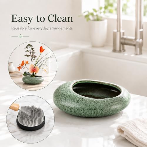Flower Frog Vase Kit, Ceramic Water Drop Ikebana Pot, Green
