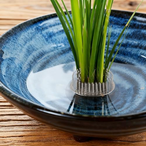 Ikebana Vase Kit - Flower Frog Bowl Set, Japanese Inspired Ceramic Vase with Metal Floral Frog, Flower Stem Holder Bowl Flower Arrangement Decoration (Blue-Small)