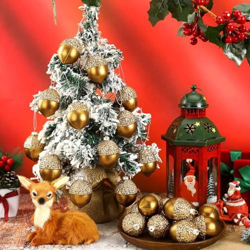 Lyrow 24 Pcs Christmas Acorn Ornaments Gold Plastic Hanging Tree Decor