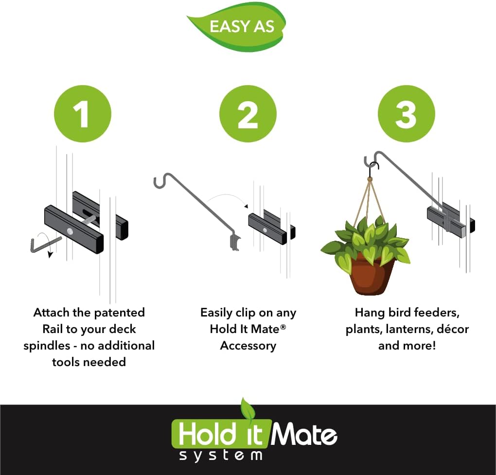 Premium - Hold It Mate Multi Use Hook Kit for Vertical Spindled Railings, Hang Flower Baskets Chimes Bird Feeder 15LBS