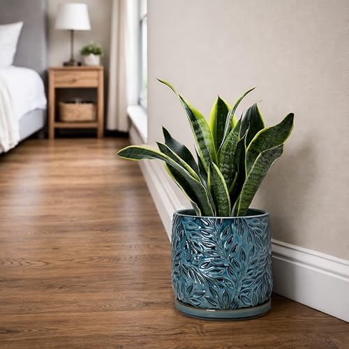 D'vine Dev Embossed Leaves Ceramic Planter, 8 in, Ocean Teal, 27-A-Q-8