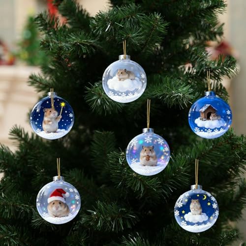 6 Pcs Hamster Christmas Ornament Decor Flat 2D Acrylic Small Animal Christmas Tree Hanging Ornaments Sets Xmas Ball Designs Xmas Hanging Pendant Gifts for Holiday Party Decoration Supplies