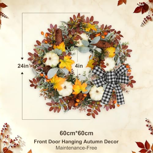 24" Fall Wreaths for Front Door Outside Pumpkin Autumn Wreath