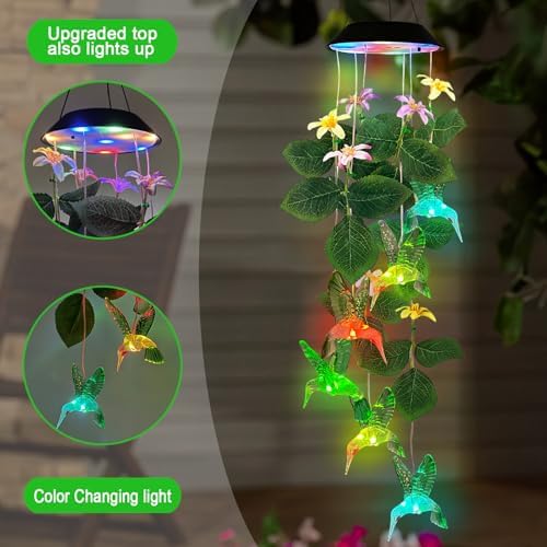 Hummingbirds Solar Wind Chimes Outdoor,Color Changing LED Dangler Mobiles