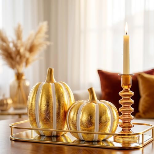 FESTGLOX 2Pcs Resin Pumpkin Figurines, Fall Thanksgiving Decor