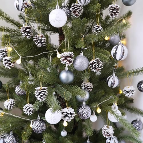 Winlyn 30 Pcs Frosted White Natural Pinecones Christmas Ornaments - Hanging With String for Tree Decorations, Winter Wedding, Holiday Party, DIY Craft, Seasonal Wreath