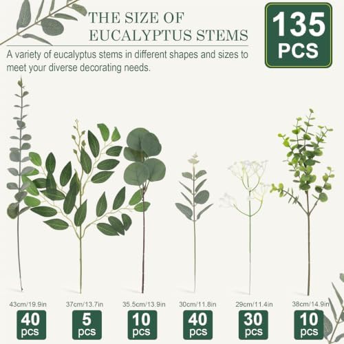 Hananona 135 Pcs Mixed Eucalyptus Leaves Stems Artificial Greenery Bulk