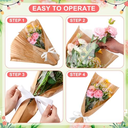 Lanties 54 Pcs Flower Wrapping Sleeves 22 x 14.4 in Kraft Back Clear Front Bouquet Bags with Ribbons and Floral Scissors Florist Wrapping Supplies for Graduation Wedding DIY Flower Arrangements