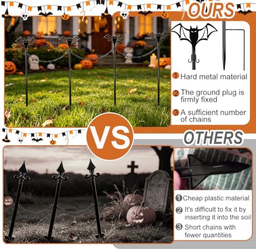 4 Sets Metal Halloween Fence for Outdoor Garden, 23.6in Halloween Graveyard Fences Bat Garden Fence with Connecting Chains Weatherproof Spooky Cemetery Decor for Outdoor Graveyard Pathway Party Scene