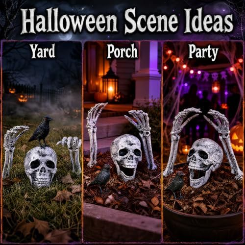 Halloween Yard Stakes Skeleton Decorations – Skull Head with Crow & 2 Skeleton Hands, 4-Piece Outdoor Halloween Decor, Skeleton Bones Ground Stakes for Yard, Lawn, Garden & Graveyard Display
