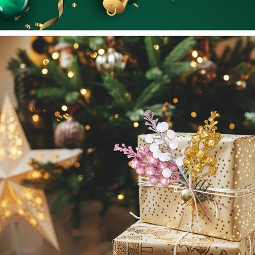 Geosar 36 Pcs Christmas Glittered Berries Stems, Red, White, Gold