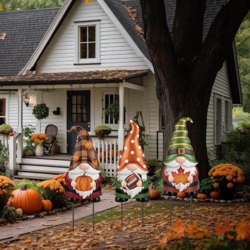 Amyhill 3 Pack Fall Garden Decor - 24'' 25'' 26'' Football Pumpkin Maple Leaf Gnomes Yard Signs with Metal Stakes for Home Outdoor Garden Lawn Porch Autumn Thanksgiving Outside Decorations