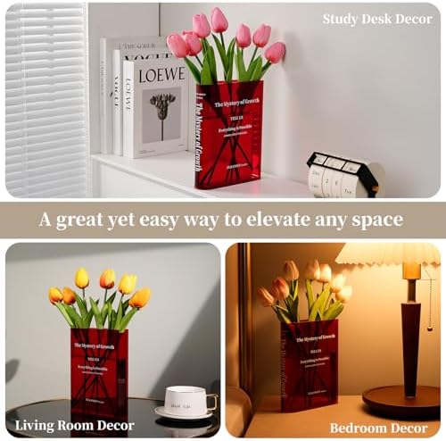 Puransen Clear Book-Shaped Vase for Centerpiece Home Indoor Desk Decor，Red