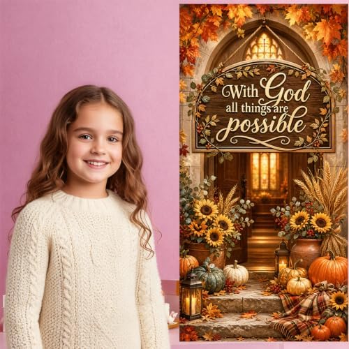 Fall Door Cover Decorations, 70.8 x 35.4 In With God All Things Are Possible Christian Harvest Front Door Banner with Ribbon, Thanksgiving Porch Sign for Party Decor