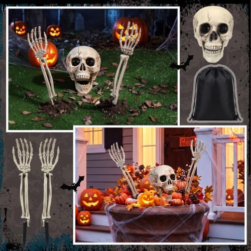 Chunful 18 Pcs Halloween Skeleton Stakes Decoration, Skull Head Arms, White