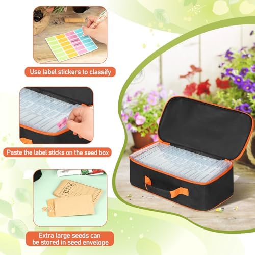 15 Slots Seed Storage Box with 20 Seed Envelopes, Large Capacity Seeds Organizer Container with Zipper Bag Label Stickers, Seeds Saving Container for Garden Vegetable and Flower (Orange)
