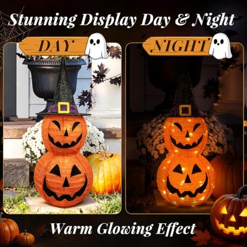 Halloween Decorations Lighted Jack‑O'‑Lantern Pumpkin with Witch Hat, Collapsible LED Light Up Pumpkin with Timer Battery Operated, Halloween Yard Porch Indoor Outdoor Garden Pathway Holiday Decor
