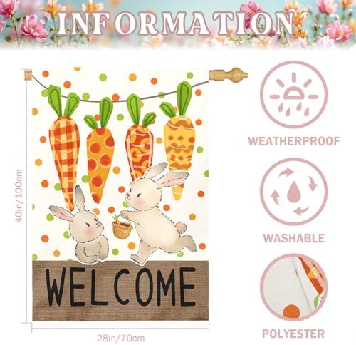 Large Easter Garden Flag 28x40 Inch Double Sided Welcome Bunny and Carrot Yard Flags Spring Outdoor Porch Decorations Farmhouse Easter Bunny House Banners for Lawn Patio Garden and Home Decor