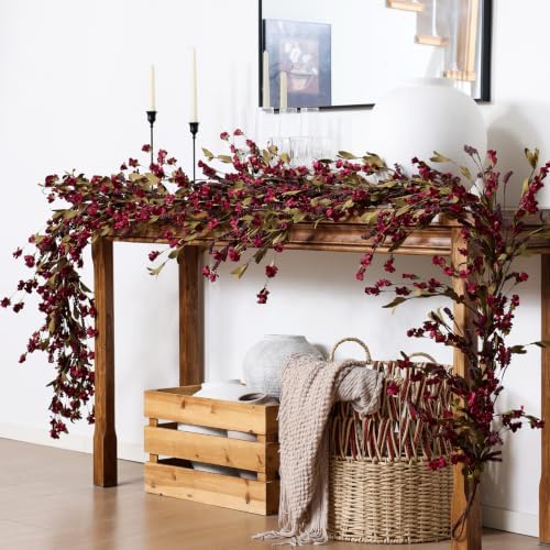 Mizii Burgundy Artificial Flower Garland 6FT Fake Wildflower Floral Garland Hanging Vines Spring Summer Flowers Decorations for Mantle Table Centerpieces Room Wall Fireplace Wedding Decor (Burgundy)