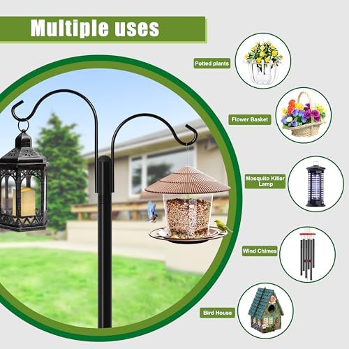 XDW-GIFTS Double Shepherds Hooks for Outdoor, 2-Pack Heavy Duty Garden Pole for Hanging Bird Feeder, Plant Baskets, Solar Light Lanterns, Garden Plant Hanger Stands with 5 Base Prongs