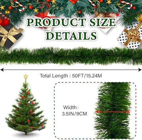 2Pcs 50FT Green Christmas Garland Decorations, Christmas Artificial Pine Greenery Garland Outdoor Indoor Decor, Straight Faux PVC Soft Garland for Stairs Railing Fireplace Window Christmas Decor