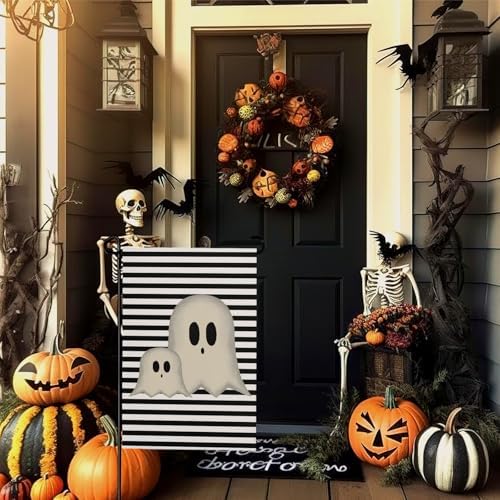 Halloween Garden Flags 12x18 Inch Ghost Black and White Stripes Small Flags for Outside Holiday Scary Yard Flag for Lawn Outdoor Decorations Sign