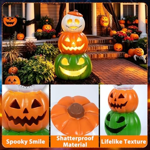 14" Halloween Jack O Lantern Light Up, 3 Tier Stacked Pumpkin Figurine