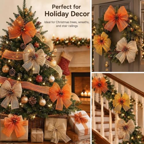 Thanksgiving Mesh Ribbon Deco Green Golden Orange Fall Deco Mesh Wire Ribbon Metallic Foil Rolls for DIY Auntumn Thanksgiving Wreaths Decorations Wrapping Craft, 4 Rolls(6 inch Wide)