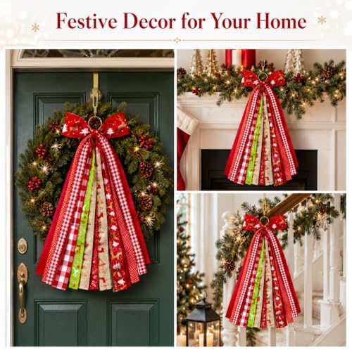 23.6in Christmas Wreath Bow Plaid Ribbon Door Swag Decor