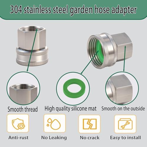 304 Stainless steel 3/4" GHT to 1/2" NPT Garden Hose Adapter, Lead-Free，Green Thumb Quick Swivel Connector Adapter ，Female to Female Hose Adapter（3/4"GHT x 1/2" NPT），hose connector，2 pack