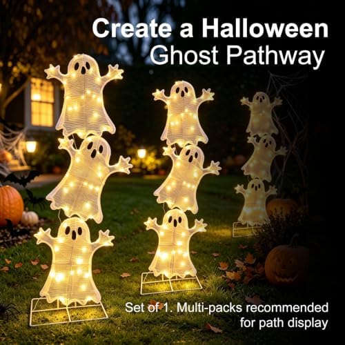 Halloween Decorations Lighted 3 Stacked Ghosts, Freestanding LED Ghost Yard Sign with Timer Battery Operated, Warm White Light Up Ghost Decor for Porch Lawn Garden Indoor Outdoor Holiday Display