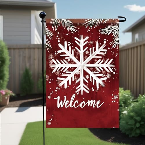 Winter Garden Flag White Snowflake Red Background Welcome Flag 12x18 Inch Double Sided Outdoor Yard Banner for Snowy Season Holiday Christmas Porch Decoration Decor