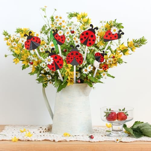 TICIAGA Summer Ladybug Wooden Picks - 14PCS Cute Ladybug Insect Double-Sided Wooden Decorative Picks for Home Vase Filler, Farmhouse Garden Theme Floral Pick for Summer Party Spring Holiday Supplies
