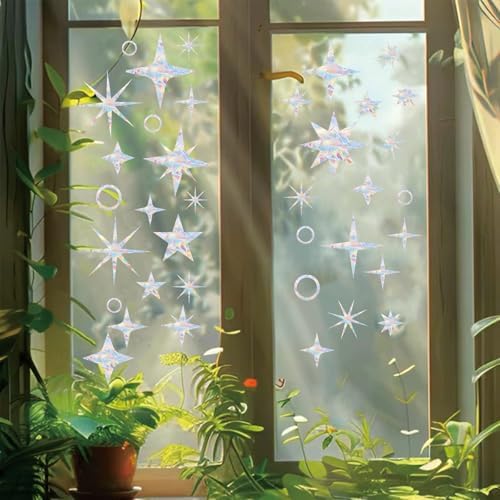 33PCS Star Window Stickers Prevent Birds from Hitting Windows, Rainbow Sun Catcher Stickers No Glue Required, Non-Adhesive Reusable Vinyl Rainbow Stickers