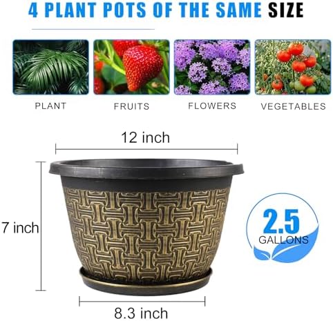 Nooulap 4 Pack 12 Inch Plant Pots, Large Plastic Flower Planters