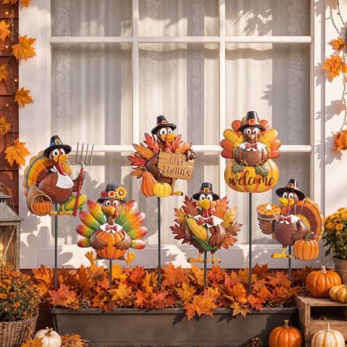 Shimeyao 6 Pcs Turkey Metal Fall Garden Stakes, Thanksgiving Yard Signs