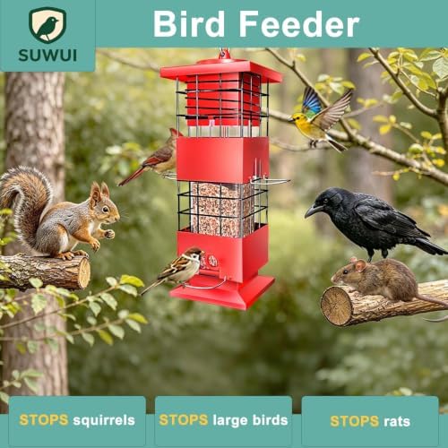 Squirrel Proof Bird Feeder, 3.5Lbs Metal Wild Bird Feeders Anti Squirrel with 4 Feeding Ports for Garden Bird Feeding Station Outdoors Hanging, Pigeon Resistant, Easy to Clean & Refill (Red)