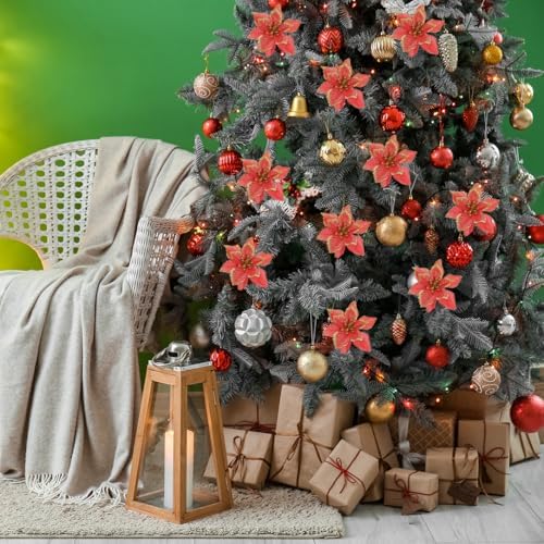 12Pcs Poinsettia Flower Artificial Poinsettia with Stem Christmas Decor Glitter Poinsettia Christmas Ornaments Christmas Tree Flower Decoration DIY Xmas Wreath Mantle Party Decor (Blue)