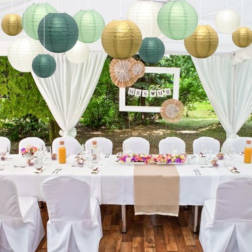 21Pcs Sage Green Gold Lanterns, 4-10in Hanging Decor, Wedding Baby Shower