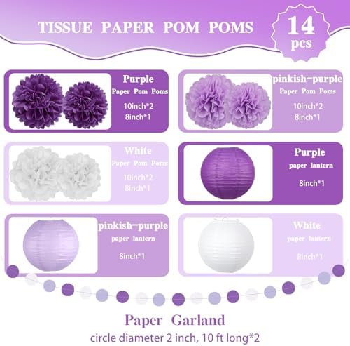 14 Pcs Purple Birthday Decorations, Pom Poms, Paper Lanterns, Dot Garlands