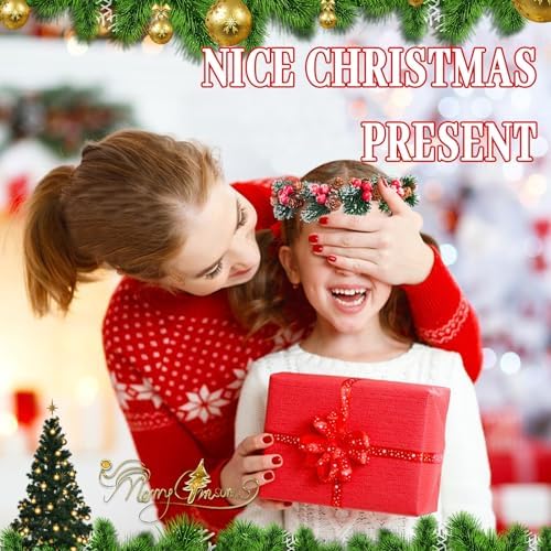 MEMOVAN Christmas Flower Crown Christmas Red Berry Stems Spray Pine Cone Holly Stem Hair Wreath Floral Headpiece Halo Headband Winter Holiday Tiara for Women Girl Xmas Holiday Decoration
