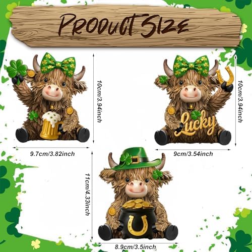 3 Pcs St. Patrick's Day Decor Highland Cow Resin Figurine Bathroom Highland Cow Gnomes with Shamrock Hat Resin Statue for St. Patrick's Day Garden Table Shelf Home Decor Gifts