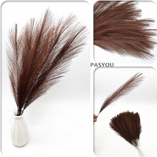 Fake Pampas Grass Plants Artificial Reeds Decoration Set of 28 Stems 17” Faux Florals Bulrush Fluffy Beige Branches Home Wedding Party Vase Fillers Christmas DIY Feathers Décor - Brown Coffee 28 Pcs