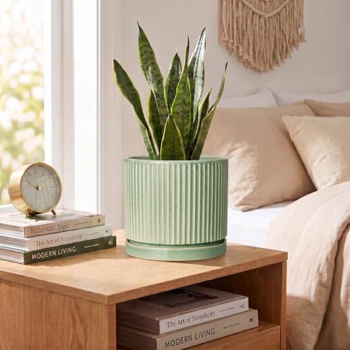 6 Inch Planter, Ceramic Plant Pots, Round Pots for Plants, Green