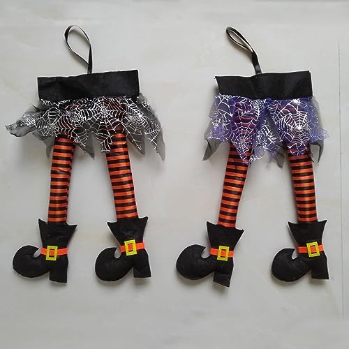 2PCS Halloween Witch Legs 18inch Plush Stuffed Orange Purple Witch Legs with Shoes Novelty Hanging Decoration for Front Door Sign Wall Hanger Wreath Halloween Party Home Decoration Supplies (A)