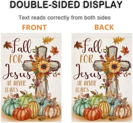 LosFong Christian Fall Garden Flag 12x18 Inch Double Sided Burlap Fall for Jesus He Never Leaves Maples Cross Pumpkin Thanksgiving Small Yard Flag for Outside Decoration (Fall)